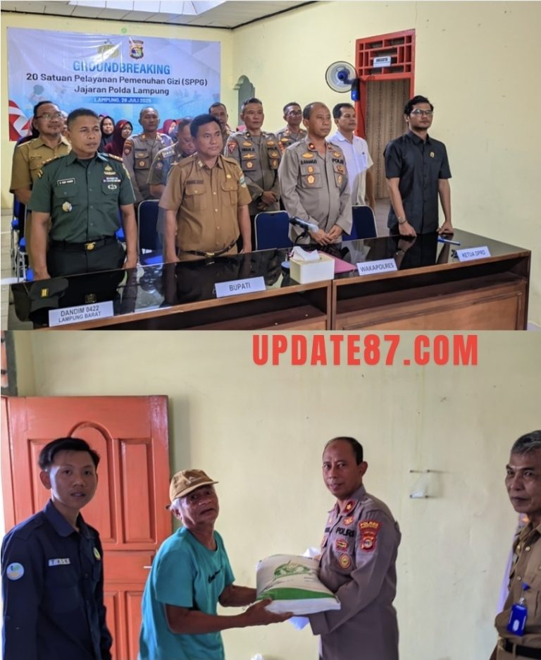 POLRES PESISIR BARAT SALURKAN BANTUAN PANGAN DAN LAKSANAKAN BHAKTI KESEHATAN SERTA IKUTI ZOOM MEETING GROUND BREAKING SPPG DI PEKON RAWAS