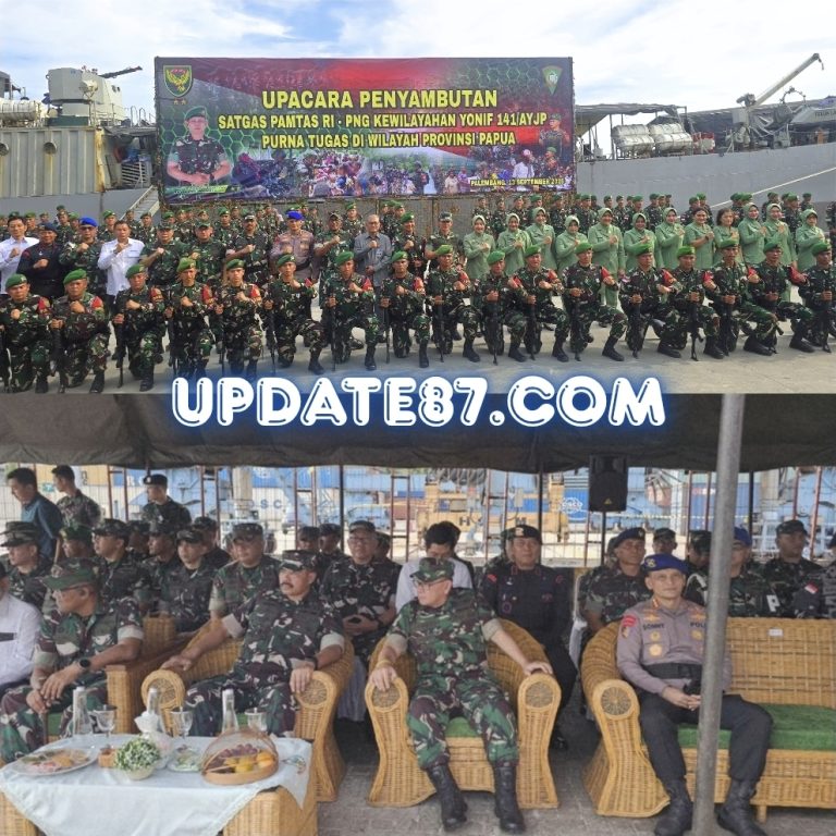 Wadansat Brimob Polda Sumsel Hadiri Upacara Penyambutan Purnatugas Satgas Pamtas RI-PNG Yonif 141/AYJP di Palembang