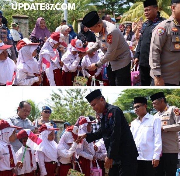 DANSAT BRIMOB POLDA SUMSEL DAMPINGI KAPOLDA SUMSEL HADIRI PERESMIAN SUMUR BOR DI MASJID AR RAHMAN TALANG BETUTU