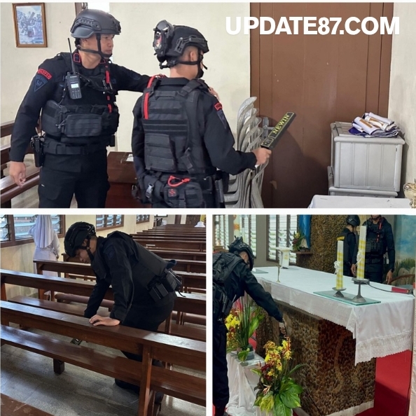 Kegiatan Sterilisasi Gereja oleh Personel Batalyon C Pelopor Satbrimob Polda Sumsel dalam Rangka Ibadah Hari Kenaikan Isa Almasih di Wilayah Kab. OKU Timur dan Kab. Ogan Ilir