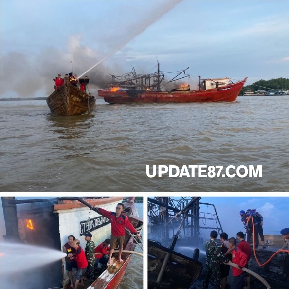 Respon Cepat Pos Binpotmar TNI AL Pemangkat Kodaeral XII Bersama Tim Gabungan Bantu Penanganan Kebakaran Kapal Nelayan di Perairan Sambas